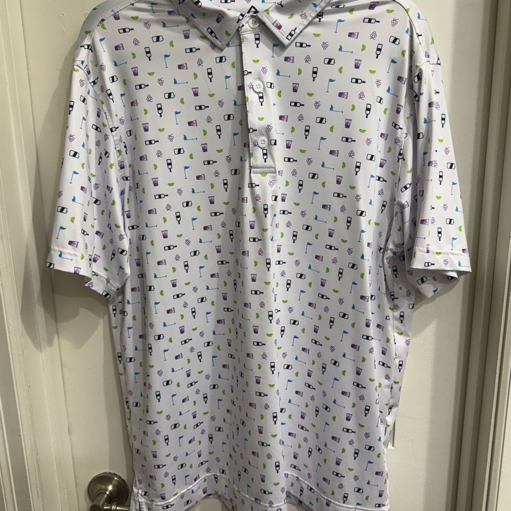 Men’s Performance Golf Polo White and Purple Fun Pattern